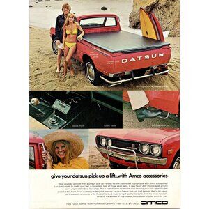 1973 Amco Car Accessories Datsun Pickup Truck Yellow Bikini Vintage Print Ad Art